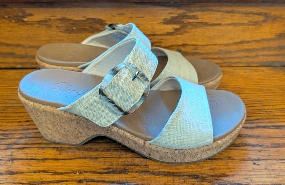Skechers Foam Womens 11 Cali Brystol Buckle Natural Wedge Heel Adjustable